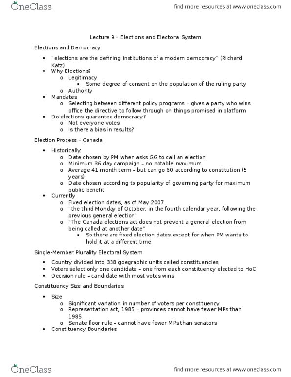 Political Science 2230E Lecture Notes - Lecture 9: Single Transferable Vote, Plurality Voting System thumbnail