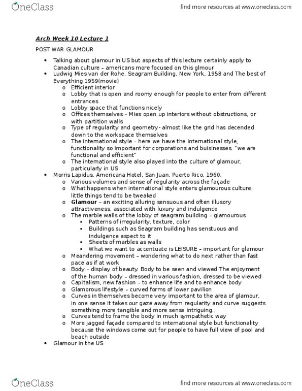 ARTH 292 Lecture Notes - Lecture 14: Fontainebleau Miami Beach, Ludwig Mies Van Der Rohe, Morris Lapidus thumbnail