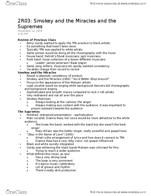 MUSIC 2II3 Lecture Notes - Lecture 23: Multitrack Recording, Jerry Wexler, Diana Ross thumbnail