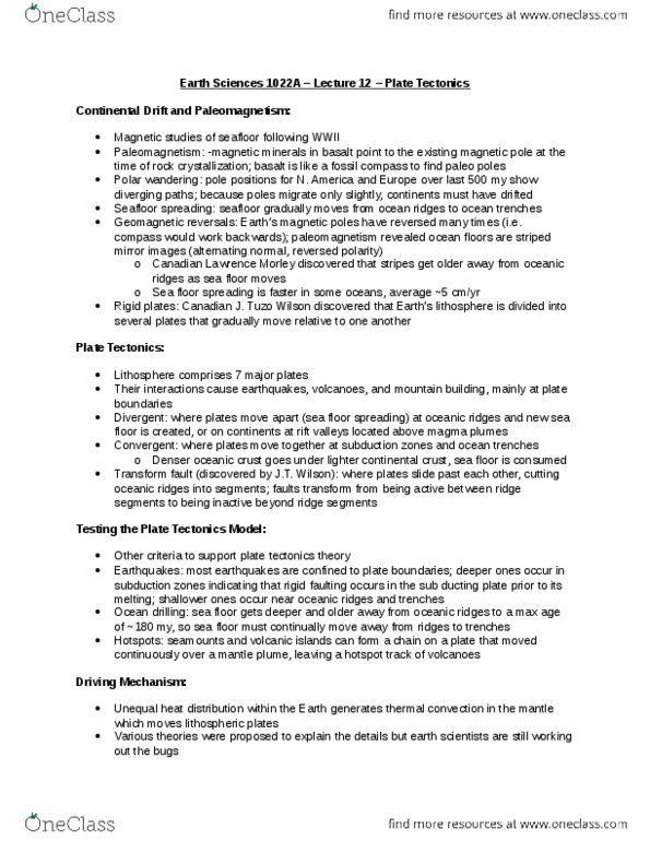 Earth Sciences 1022A/B Lecture Notes - Lecture 12: Subduction, Lithosphere thumbnail