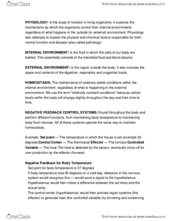 Physiology 2130 Lecture Notes - Lecture 1: Homeostasis thumbnail