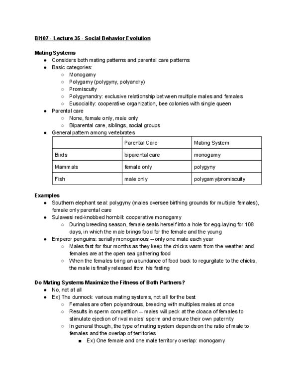 CAS BI 107 Lecture Notes - Lecture 35: Reciprocal Altruism, Ground Squirrel, Brain Size thumbnail