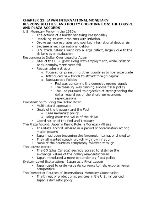 POLI 243 Chapter 23: CHAPTER 23: JAPAN INTERNATIONAL MONETARY RESPONSIBILITIES, AND POLICY COORDINATION: THE LOUVRE AND PLAZA ACCORDS thumbnail