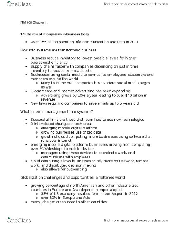 ITM 100 Chapter Notes - Chapter 1: Avoidance Speech, Operational Excellence, Place Shifting thumbnail