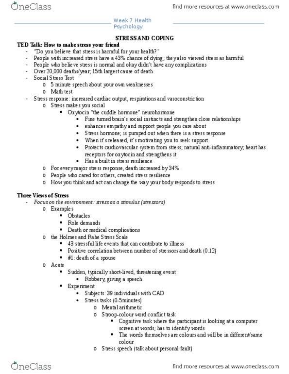 PSYC 3170 Lecture Notes - Lecture 7: Explanatory Style, Catecholamine, Platelet thumbnail