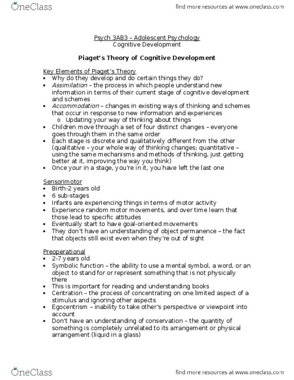 PSYCH 3AB3 Lecture 3: 3 - Cognitive Development thumbnail