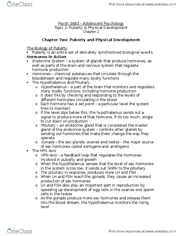 PSYCH 3AB3 Chapter 2: Topic 2 - Puberty & Physical Development thumbnail