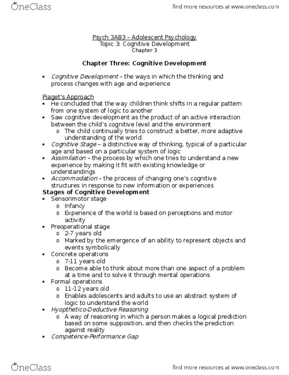 PSYCH 3AB3 Chapter 3: Topic 3 - Cognitive Development thumbnail