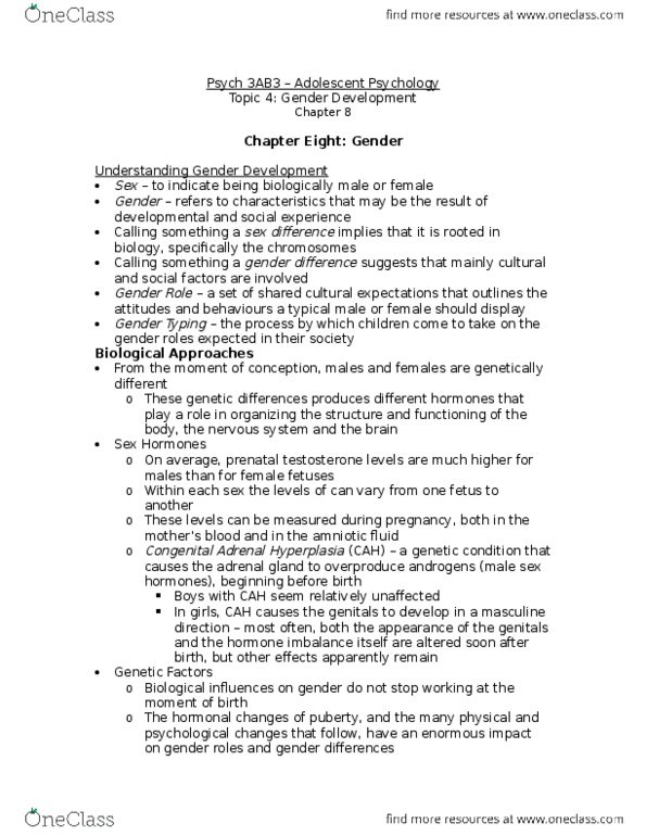 PSYCH 3AB3 Chapter 8: Topic 4 - Gender Development thumbnail