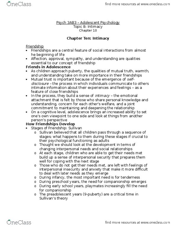 PSYCH 3AB3 Chapter 10: Topic 8 - Intimacy thumbnail