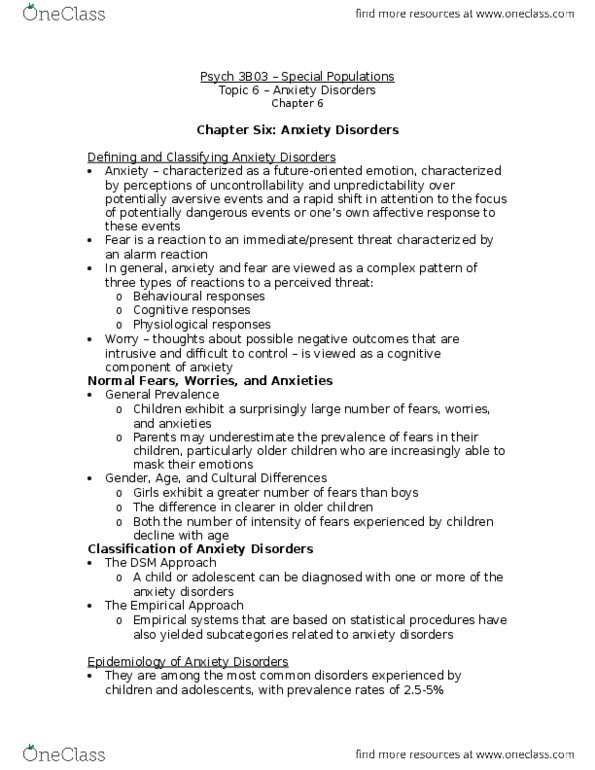 PSYCH 2AP3 Chapter Notes - Chapter 6: Specific Phobia, Panic Disorder, School Refusal thumbnail