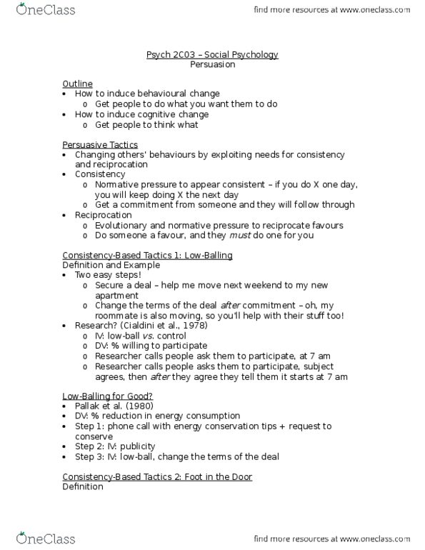 PSYCH 2C03 Lecture Notes - Lecture 3: Photocopier, Field Experiment, Elaboration Likelihood Model thumbnail