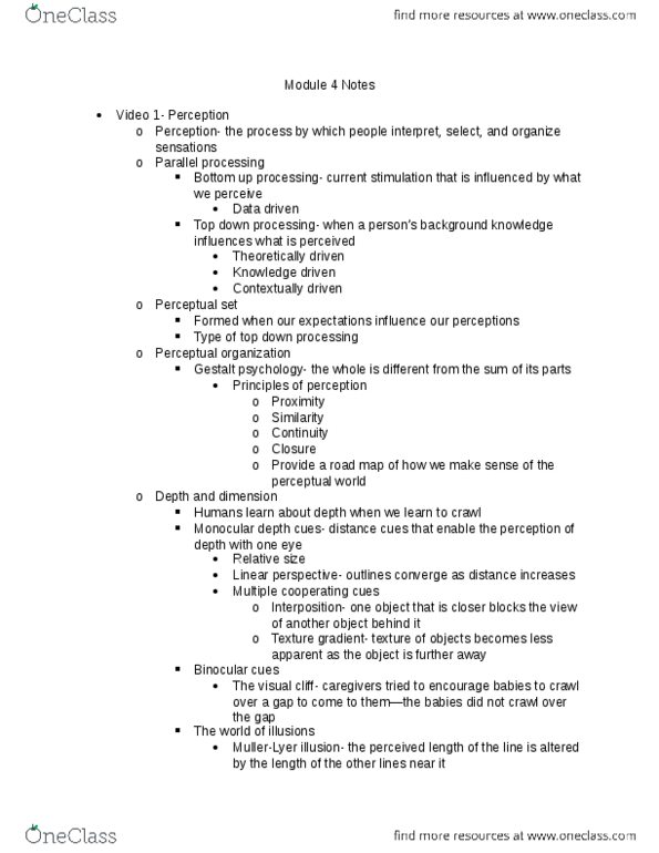 PSY 2012 Chapter Notes - Chapter 4: Neural Adaptation, Binocular Disparity, Temporal Lobe thumbnail