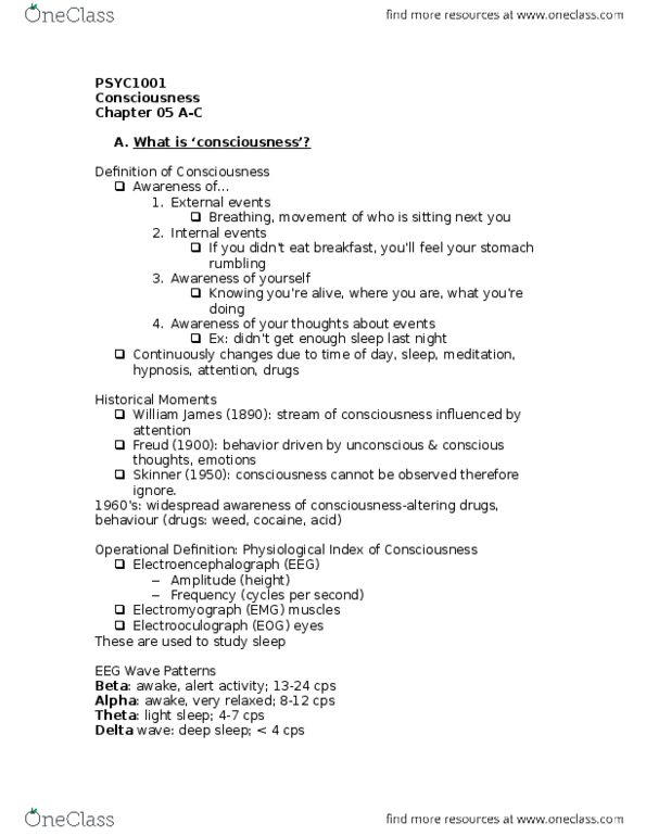 PSYC 1001 Lecture Notes - Lecture 5: Non-Rapid Eye Movement Sleep, Thalamus, Waking Life thumbnail