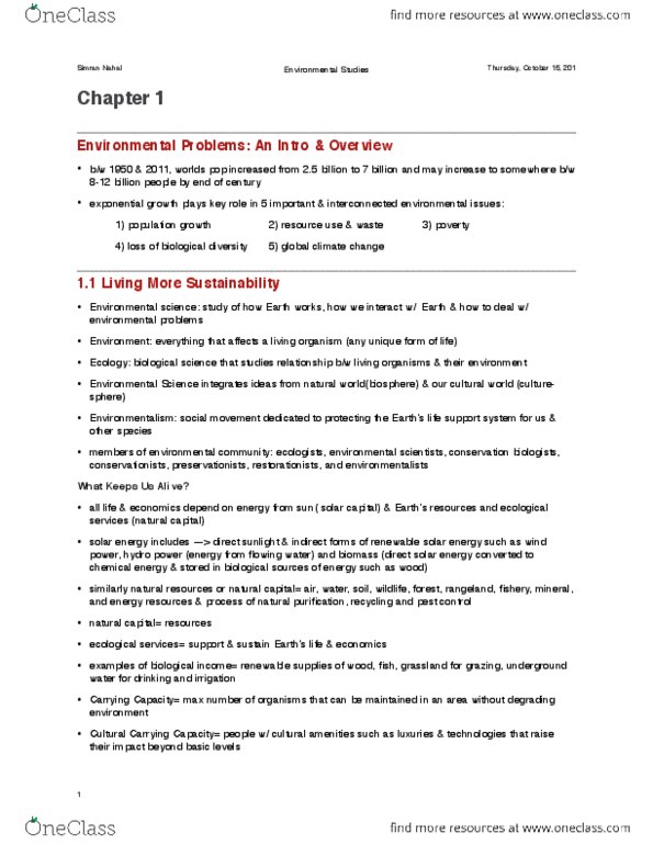 ES101 Chapter Notes - Chapter 1: Habitat Destruction, Overconsumption, Wced thumbnail