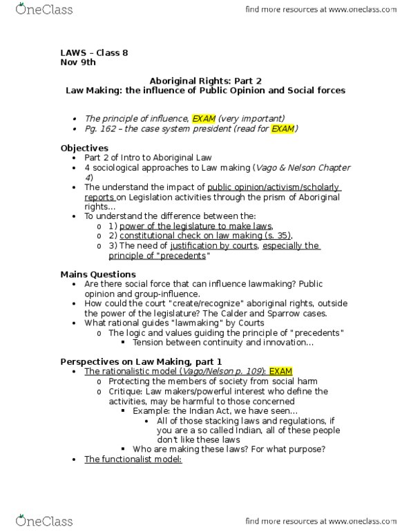 LAWS 1000 Lecture Notes - Lecture 8: Indian Register, Aboriginal Title, Verdict thumbnail