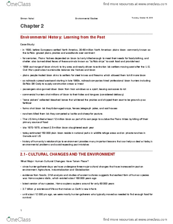 ES101 Chapter Notes - Chapter 2: Land Ethic, Transcendentalism, Habitat Destruction thumbnail