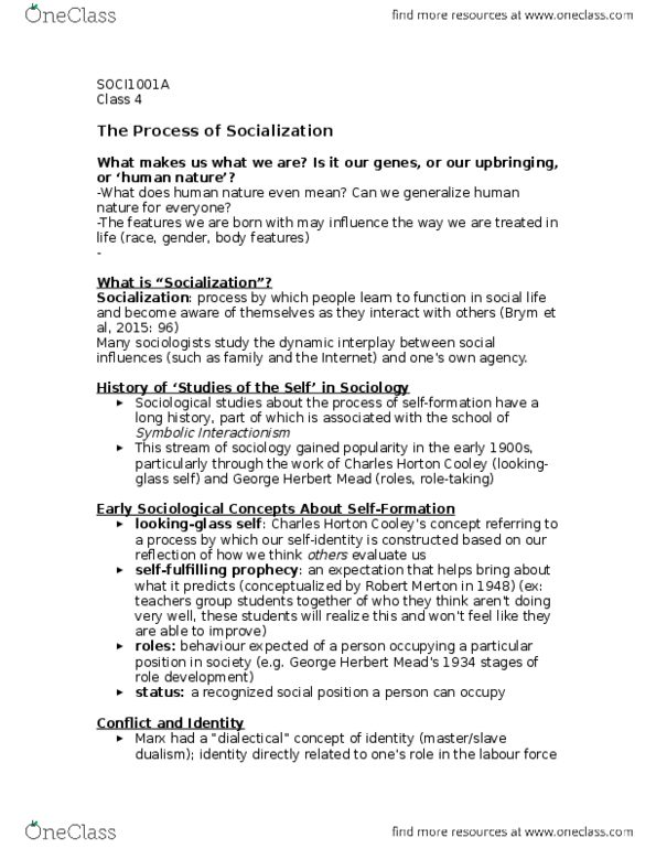 SOCI 1001 Lecture Notes - Lecture 4: Essentialism, George Herbert Mead, A Cyborg Manifesto thumbnail