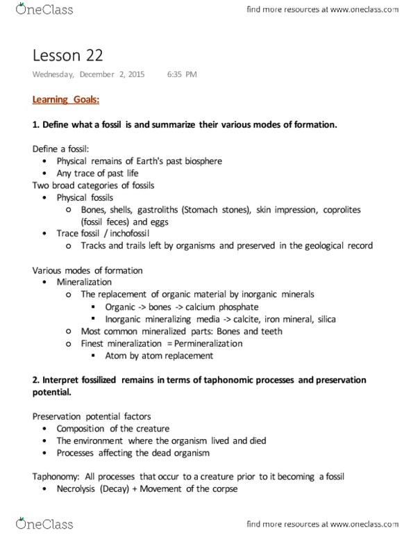 EOSC 116 Chapter Notes - Chapter F: Trace Fossil, Taphonomy, Creatures 3 thumbnail