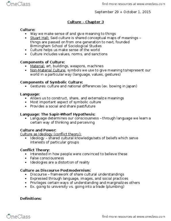 SY101 Lecture Notes - Lecture 3: Cultural Relativism, False Consciousness, Ethnocentrism thumbnail