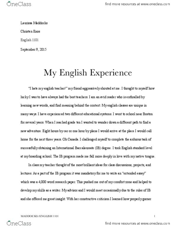 ENGL 1000 Lecture 1: First Essay - English Experience thumbnail