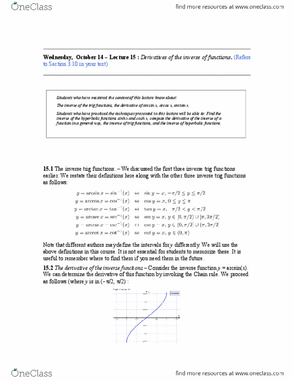 MATH116 Lecture Notes - Lecture 3: Inverse Trigonometric Functions, Minute And Second Of Arc, Chain Rule thumbnail