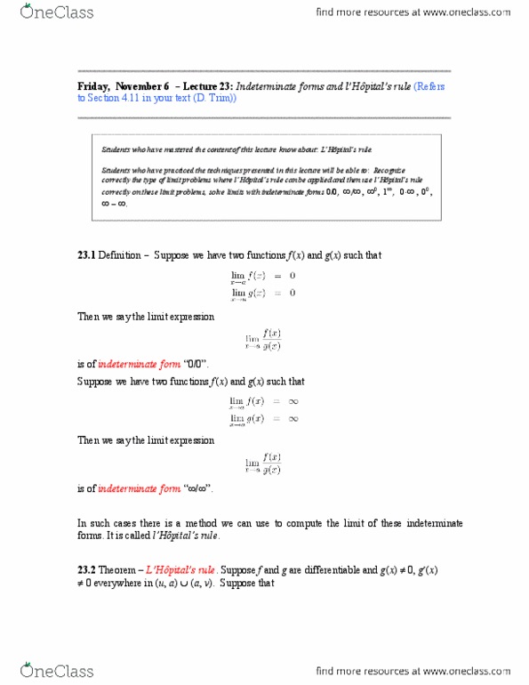 MATH116 Lecture Notes - Lecture 7: Umber, Algebraic Expression, Indeterminate Form thumbnail