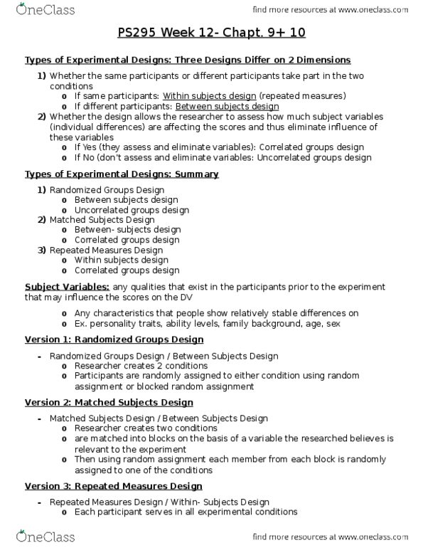 PS295 Lecture Notes - Lecture 3: Demand Characteristics, Dependent And Independent Variables, Repeated Measures Design thumbnail