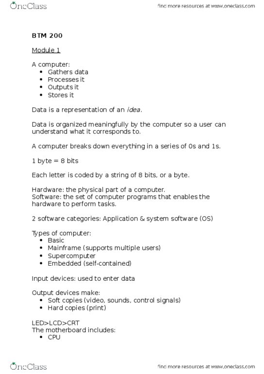 BTM 200 Chapter Notes - Chapter 1: Software Categories, Supercomputer, Central Processing Unit thumbnail