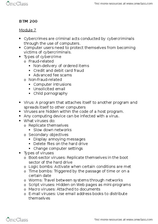 BTM 200 Chapter Notes - Chapter 7: Bluesnarfing, Malware, Adware thumbnail