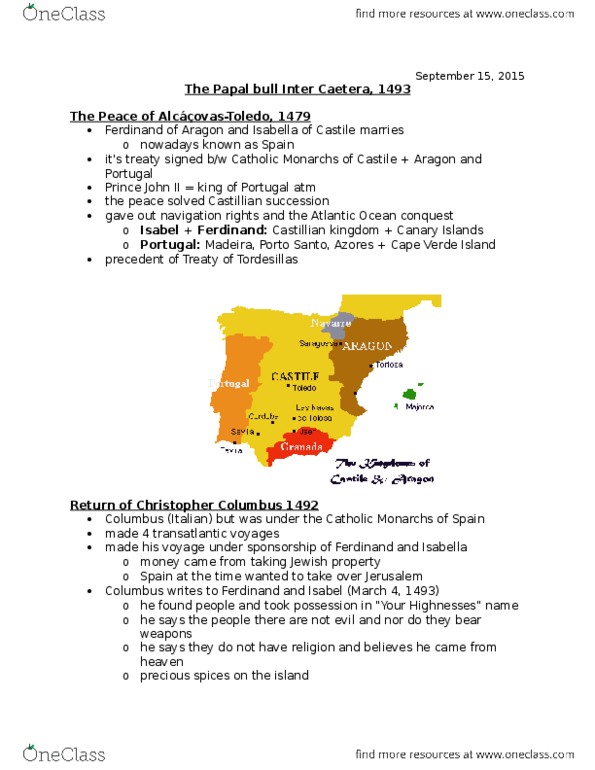 HIST 104 Lecture Notes - Lecture 1: Inter Caetera, Papal Bull, Catholic Monarchs thumbnail