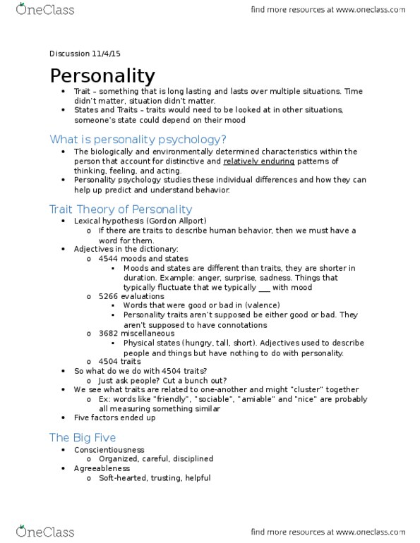 PSY 1001 Lecture Notes - Lecture 1: Conscientiousness, Agreeableness, Extraversion And Introversion thumbnail