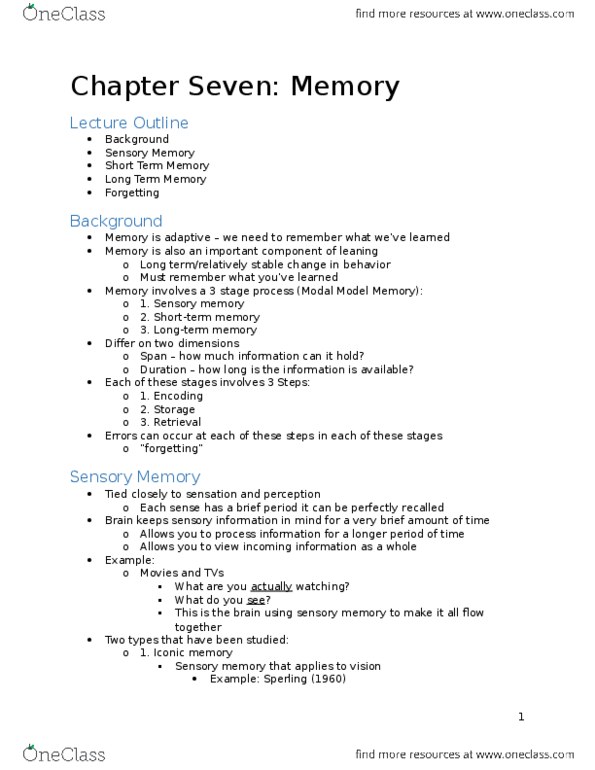 PSY 1001 Lecture Notes - Lecture 1: Acrostic, Eidetic Memory, Explicit Memory thumbnail