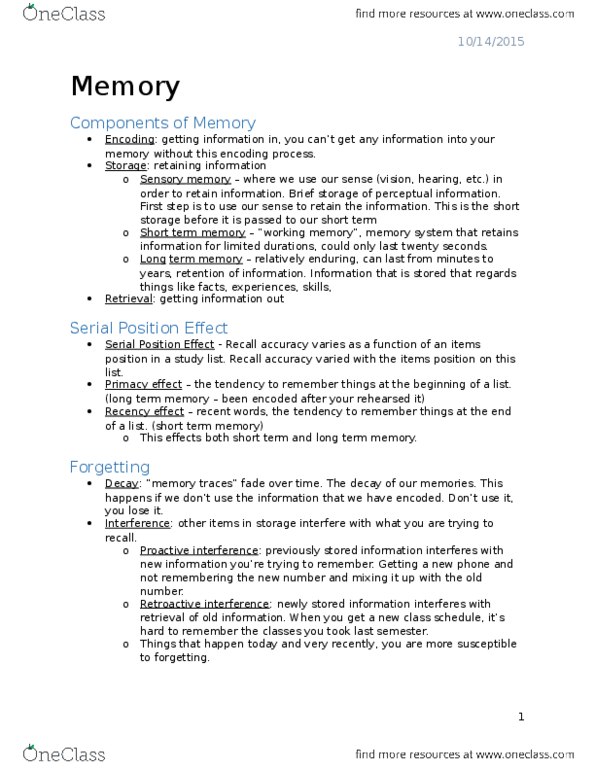 PSY 1001 Lecture Notes - Lecture 1: Retrograde Amnesia, Anterograde Amnesia, Long-Term Memory thumbnail