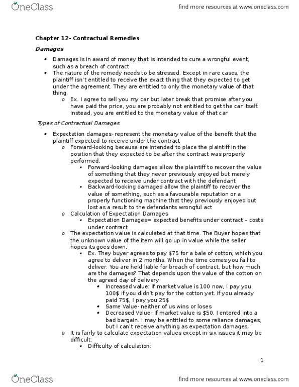 LAW 122 Lecture Notes - Lecture 16: Film Studio, Clean Hands, Liquidated Damages thumbnail