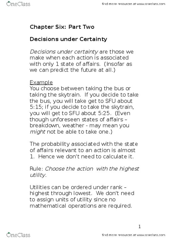 PHIL 100 Lecture Notes - Lecture 6: Fair Coin, Fallacy, Decision Matrix thumbnail