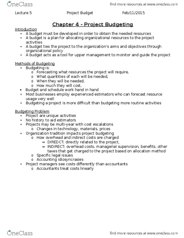GMS 450 Lecture Notes - Lecture 5: Work Breakdown Structure, Observational Error, Project Risk Management thumbnail