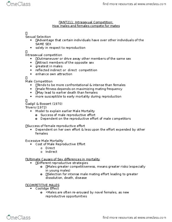 ANT211H5 Lecture Notes - Lecture 5: Parental Investment, Amotz Zahavi, Mating System thumbnail