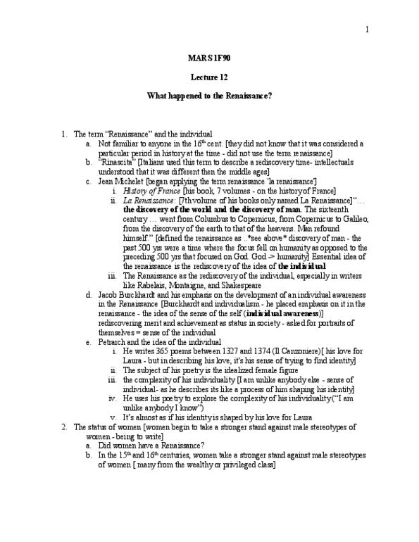 MARS 1F90 Lecture Notes - Christine De Pizan, Jacob Burckhardt, Determinism thumbnail