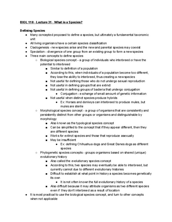 BIOL 110 Lecture Notes - Lecture 31: Cladogenesis, Speciation thumbnail