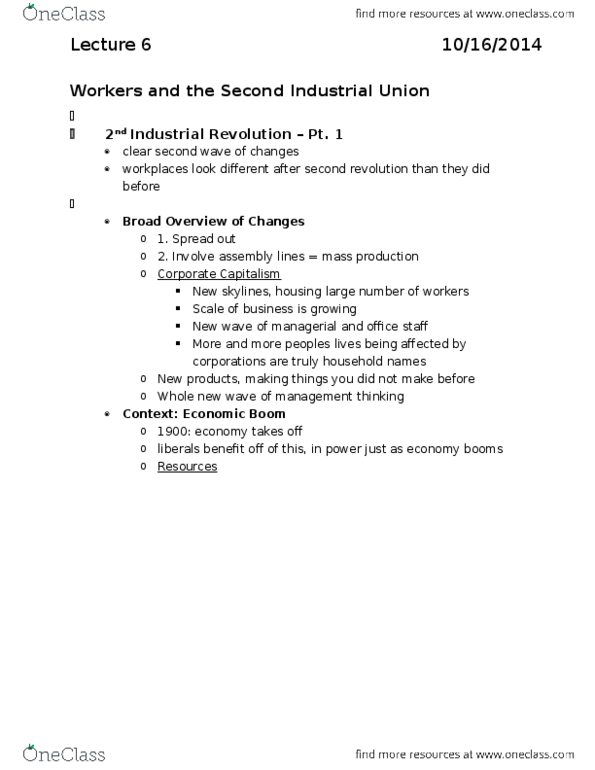 LABRST 1A03 Lecture Notes - Lecture 6: Blue-Collar Worker, Canadian Labour Congress, Labour Candidates And Parties In Canada thumbnail