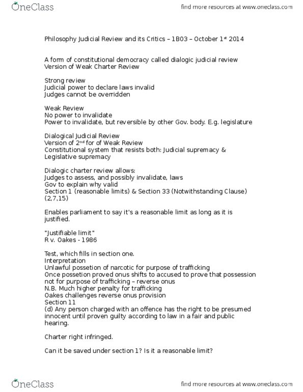 PHILOS 1B03 Lecture Notes - Lecture 4: Reverse Onus, Charter Of The French Language, Section 33 Of The Canadian Charter Of Rights And Freedoms thumbnail