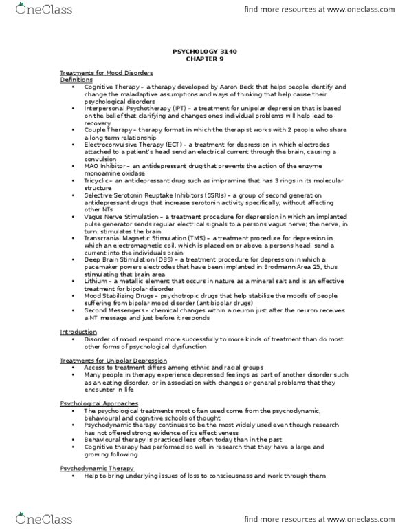 PSYC 3140 Lecture Notes - Lecture 6: Fluoxetine, Escitalopram, Prefrontal Cortex thumbnail