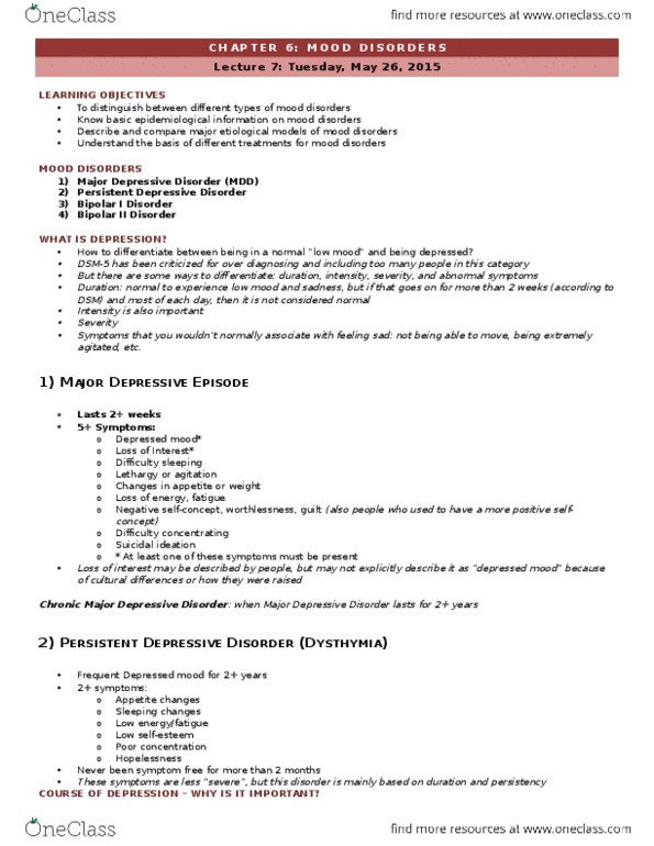 PSY 3171 Lecture Notes - Lecture 7: Major Depressive Disorder, Chief Operating Officer, Weight Gain thumbnail