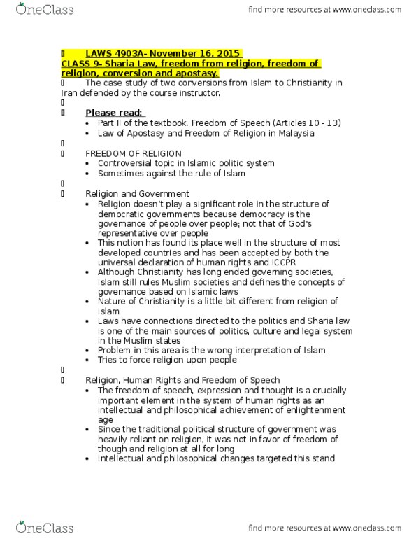 LAWS 4903 Lecture Notes - Lecture 9: Universal Declaration Of Human Rights, Legal Certainty, Raif Badawi thumbnail