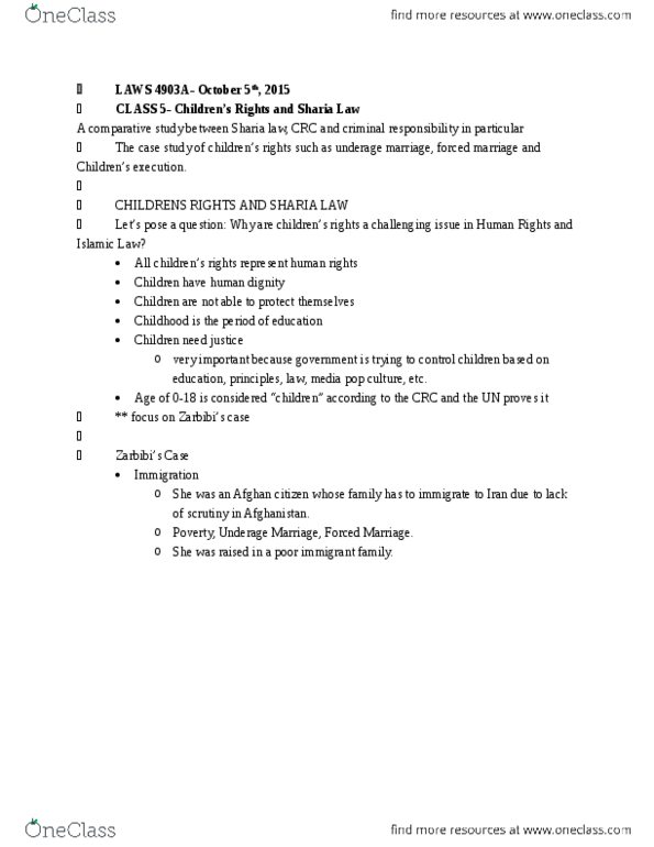 LAWS 4903 Lecture Notes - Lecture 5: Human Rights Watch, Ijma, Qisas thumbnail