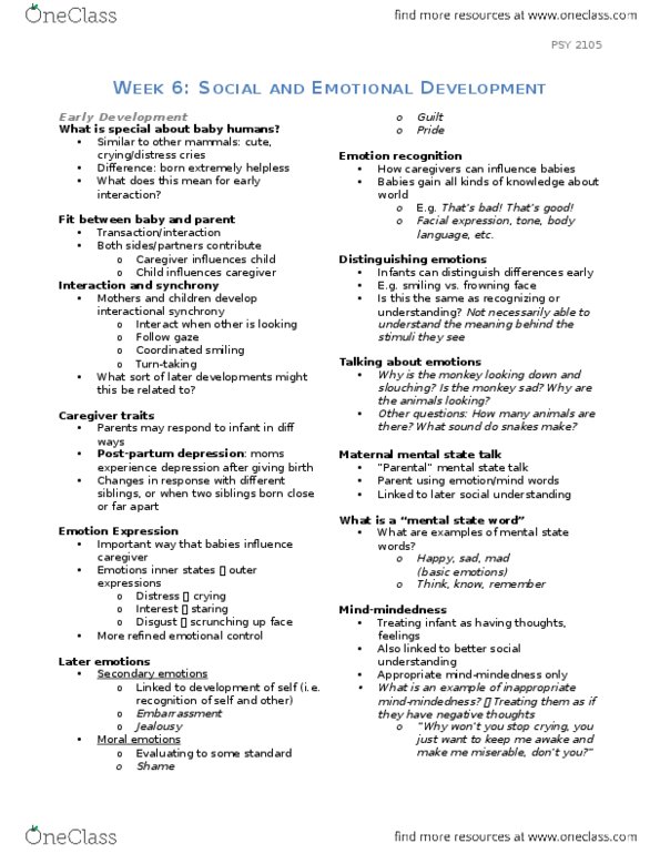 PSY 2105 Lecture Notes - Lecture 6: Mother 3, Mary Ainsworth, Facial Expression thumbnail