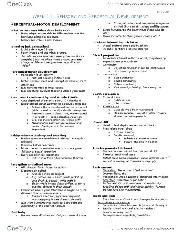 PSY 2105 Lecture 11: (Week 11) - Sensory and Perceptual Development thumbnail