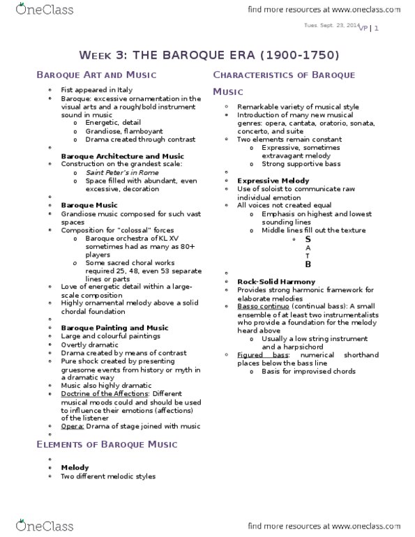 MUS 1301 Lecture Notes - Lecture 3: Johann Pachelbel, Ritornello, Eocene thumbnail