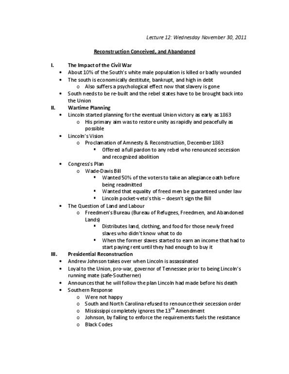 HIS271Y1 Lecture Notes - Lecture 12: Veto, Reconstruction Era, Edwin Stanton thumbnail